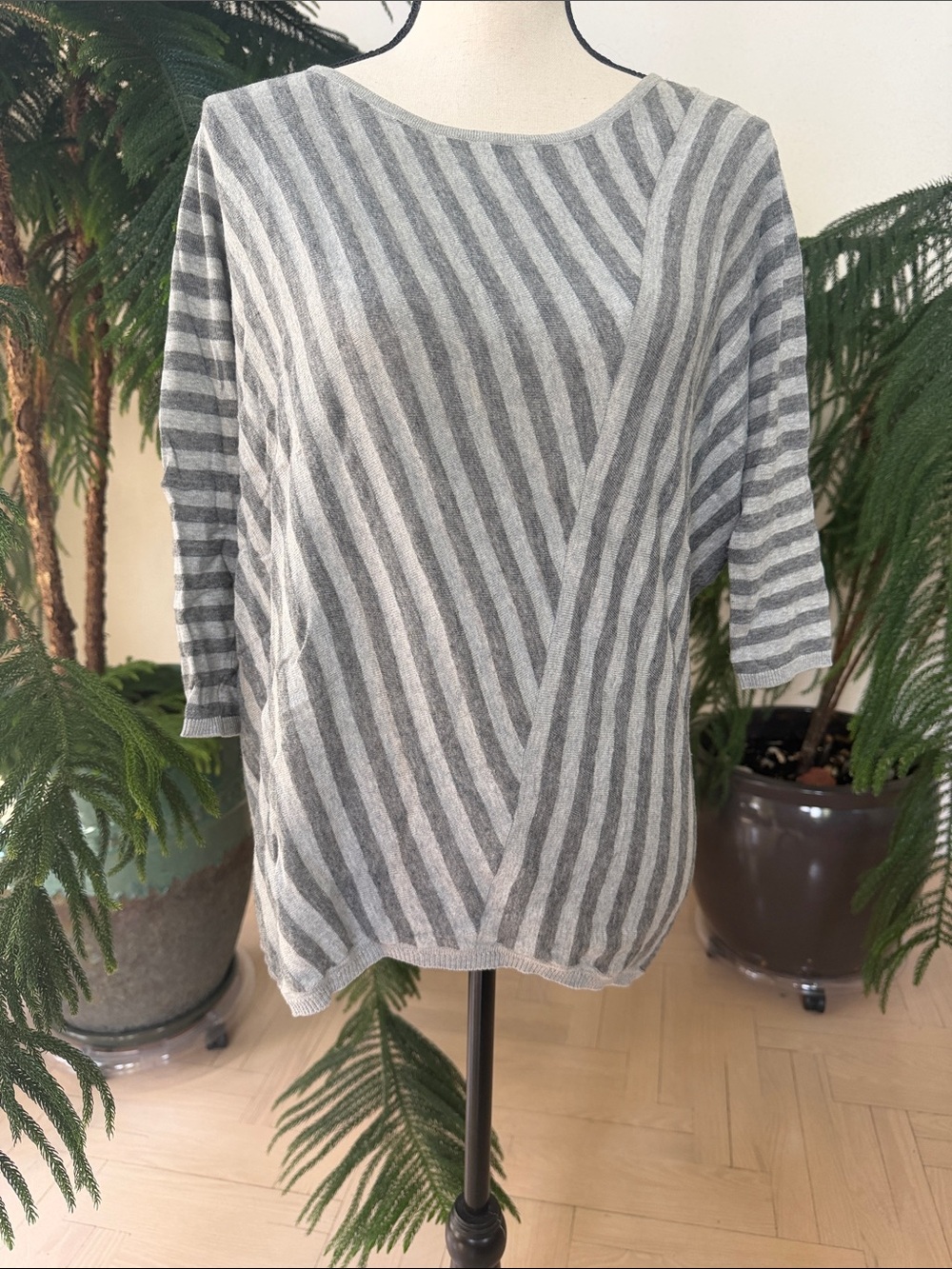 Joan Vass Gray & Light Gray Striped Scoop Neck Sweater, very soft